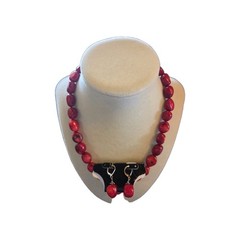 Vintage Barse Chunky Red Bamboo Coral Double Strand Necklace and Earrings Set
