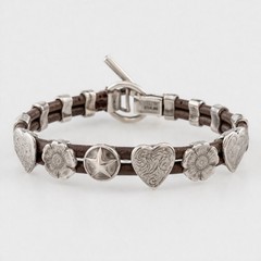 ARNOLD GOLDSTEIN STERLING SILVER LEATHER CONCHO BRACELET SIGNED HEART FLOWER
