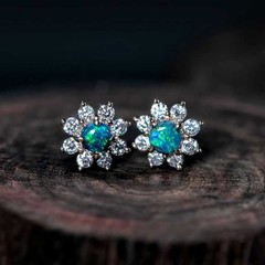 Blue Colored Black Opal Diamond Stud Earrings in 14K Gold
