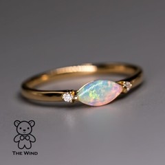 Minimalist Marquise Australian Solid Opal Diamond Ring 18K Yellow Gold