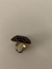 Tibetan Style Artisan Mosaic Resizable Ring Natural Lapis Lazuli, Coral