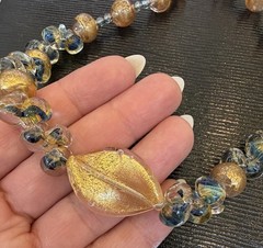 Italian Murano-Style Art Glass Necklace – Gold Leaf Beads & Leaf Pendant