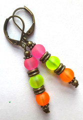 pink lime orange FROSTED BEACH GLASS drop earring BRONZE HANDCRAFTED 910
