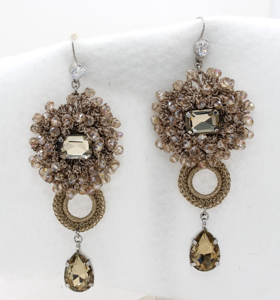 Elegant Gold Cluster Crystal Drop Dangle Earrings Long 3 3/4″ New Without Tag