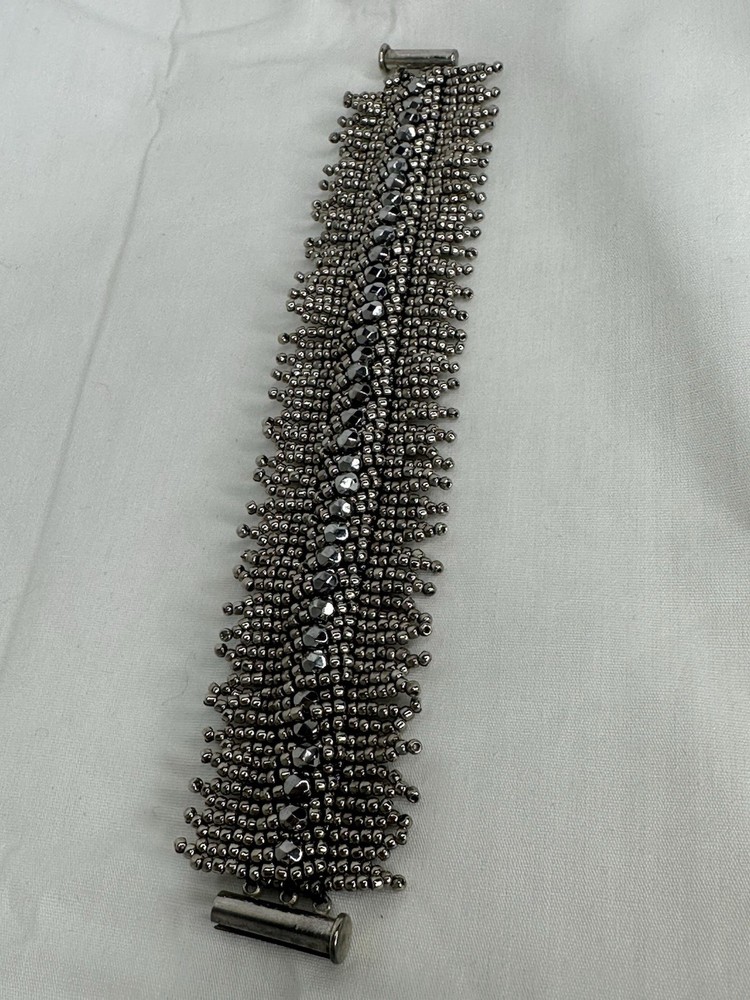 Handmade Reversible Gunmetal Seed Bead Fringe Bracelet Slide Lock