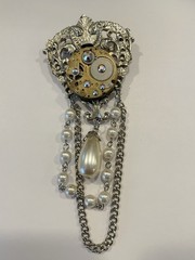 Steampunk OOAK Brooch Pin Clock Parts Rhinestone Dangle 4” long Goth