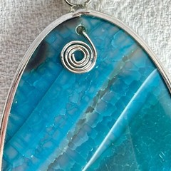 Large Teal Sliced Agate Geode Stone Pendant Enamel Slide Bale