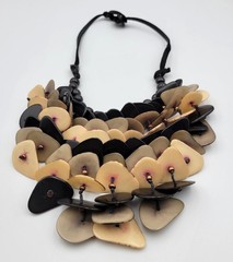 Artisan Tagua Nut Statement Necklace Cascading Black Cream Grey Vegetable Ivory