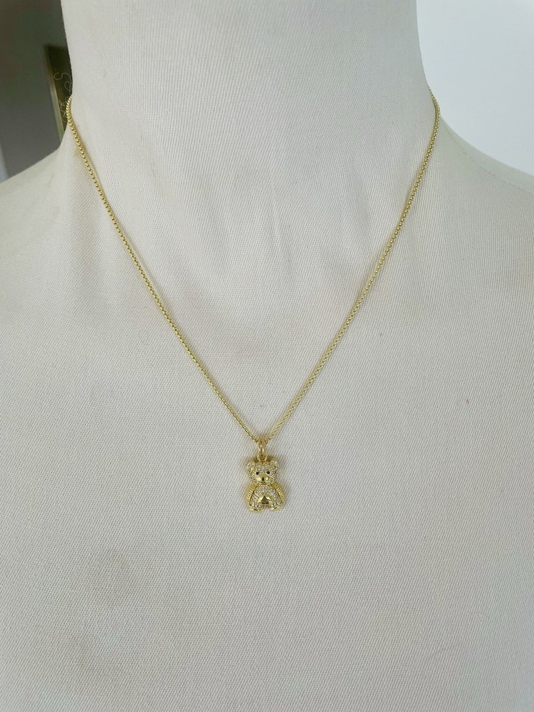 Teddy Bear Necklace CZ Bear on 14 K Plated Link Chain 18 in NWT in Box