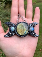 Huge Labradorite Pendant Necklace Triple Moon Artisan Handcrafted