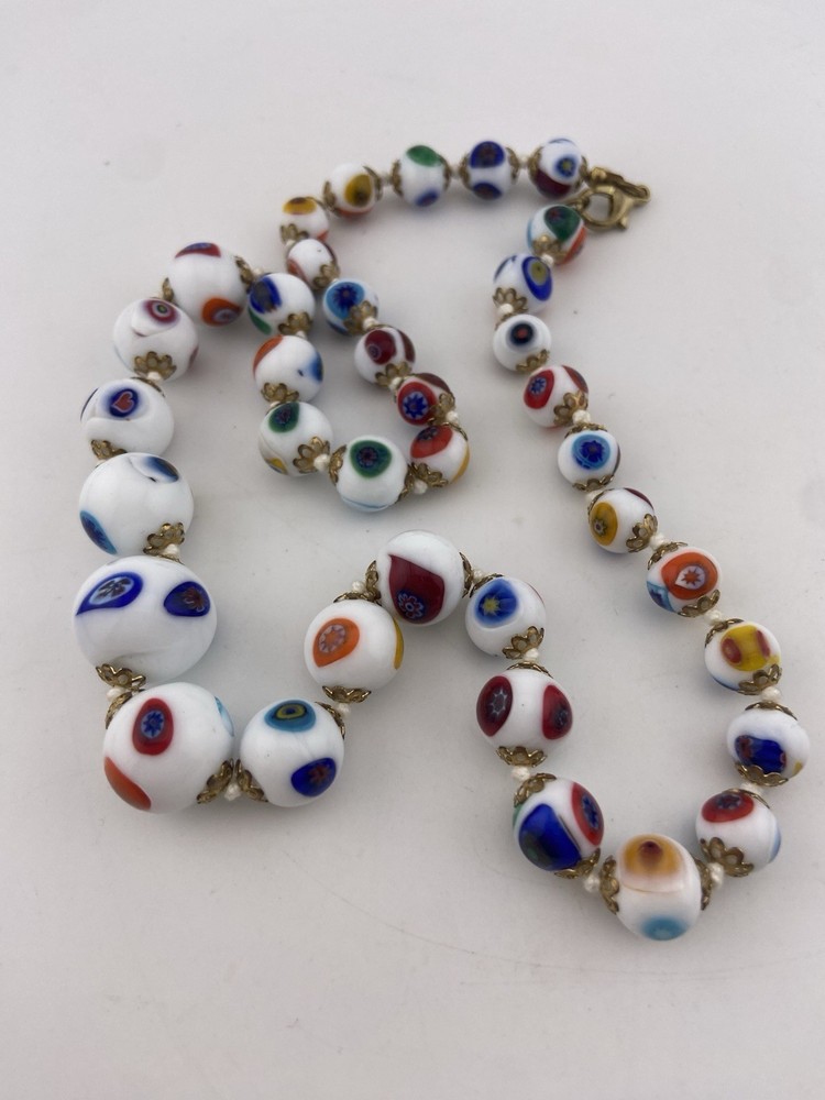 Murano Millefiori White Milk Glass Graduated & Knotted Brass Cap Bead Necklace