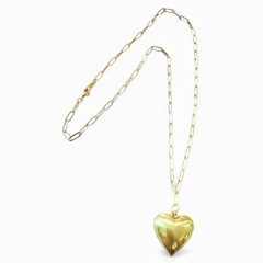 Vintage Brass Puffy Heart Pendant Necklace on a Gold Plated Oval Link Chain, 22”
