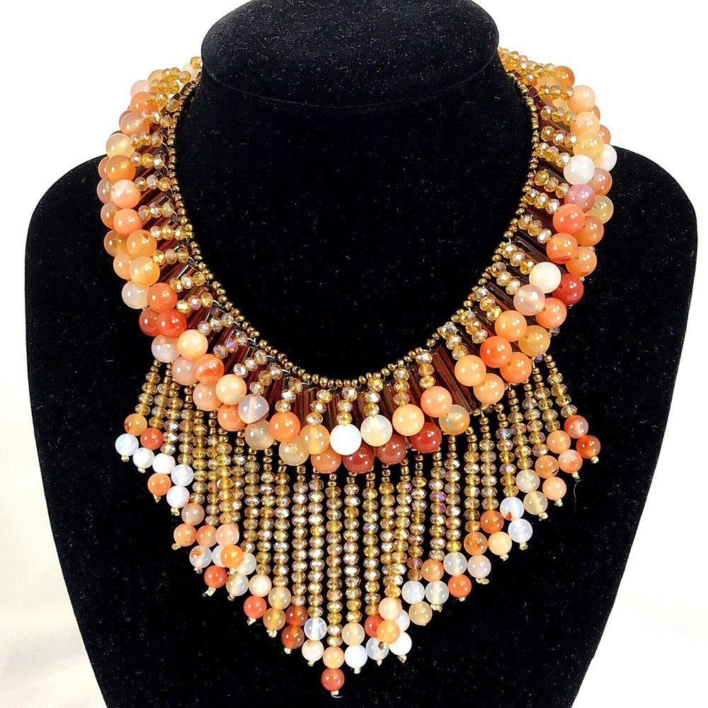 Gorgeous! Red Carnelian, Crystal & Seed Bead Necklace w/Gold Tone Clasp 16-19″