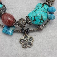 Handmade Turquoise, Carnelian & Apatite Boho Bracelet with Sterling Silver Beads
