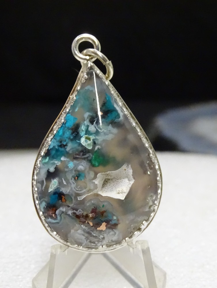 HANDMADE CHRYSOCOLLA/COPPER FLOATING IN AGATE PENDANT SET IN STERLING SILVER