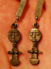 Vintage AKUABA African 3″ Bronze Drop Dangle Earrings GREEN AVENTURINE/ HEMATITE