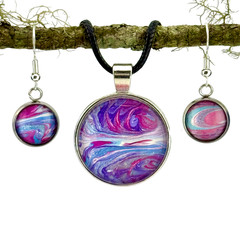 Pendant Necklace & Earring Set Handmade «Mystical Vortex» Silver Bezel