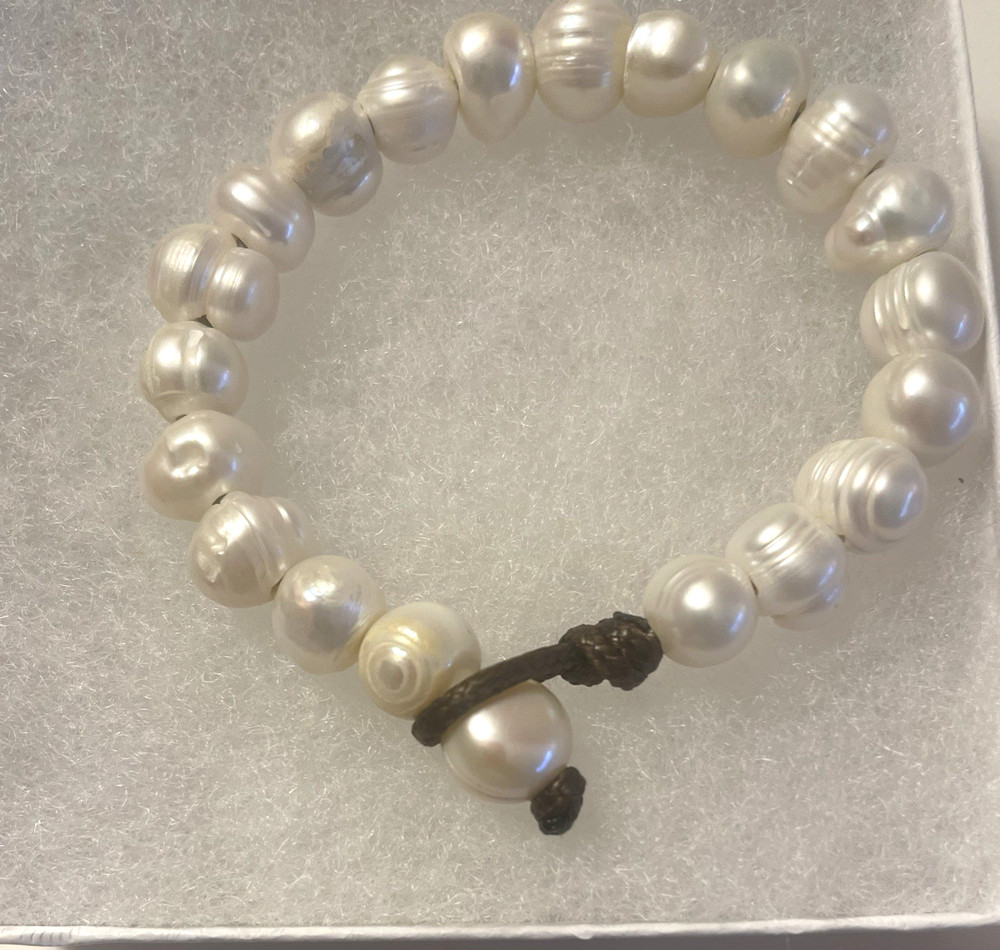 White Natural Pearl Bracelet on a Brown Cord Loop 6 3/4 inch Handmade Boho