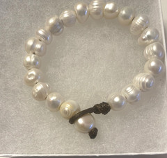 White Natural Pearl Bracelet on a Brown Cord Loop 6 3/4 inch Handmade Boho