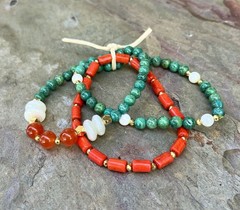 Barse NWT Blue Green Turquoise, Orange Jasper, White Shell Bracelet Set