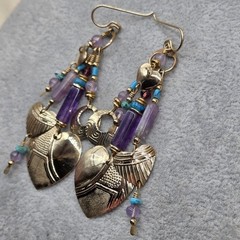 Vintage TABRA Signed Amethyst Turquoise Gemstone Hearts Circle Dangle Earrings