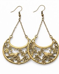 New Artisan Brass Bird Floral Crescent Earrings Boho Nature Statement Dangle