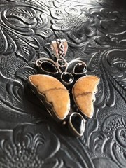 Artisan Made Orange Picture Jasper Handcarved Butterfly Pendant Black Onyx 2″
