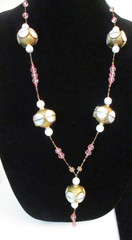 Antique Style 14K GF Beaded Long Necklace Brass/Mother of Pearl, Crystals 16″L