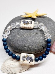 Handcrafted Beaded Bracelet Blue White Clear Glass Ceramic Seahorse