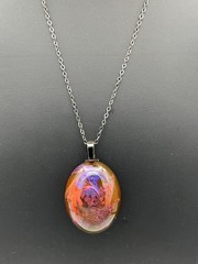 Petri pendant in brown orange red & purple on a 20 in custom dark steel chain