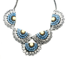 Gray Macramé Aquamarine Blue Crystal Chunky Bib Statement Necklace