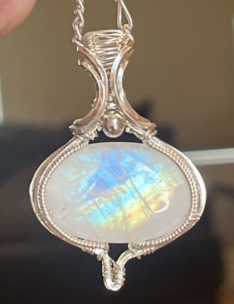 Rainbow Moonstone ~ Handmade 925 Sterling Silver wire wrapped pendant 9n