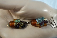 Dangle Earrings with Amber Glass Beads and Various gemstone chip beads