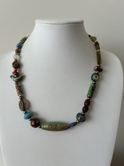 Vintage Artisan Beaded Necklace Wood Glass Shell Bird Mixed Media Boho Chic 23”