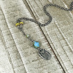Antique Silver Hoot Owl Choker Czech Blue Picasso and Yellow Opal glass Beads