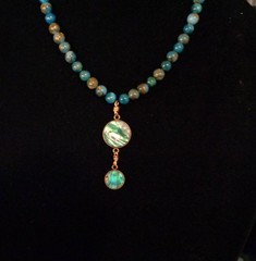 Artisan crafted,2 ½» Abalone and copper pendant on 20”Blue Lake agate strand. Ha