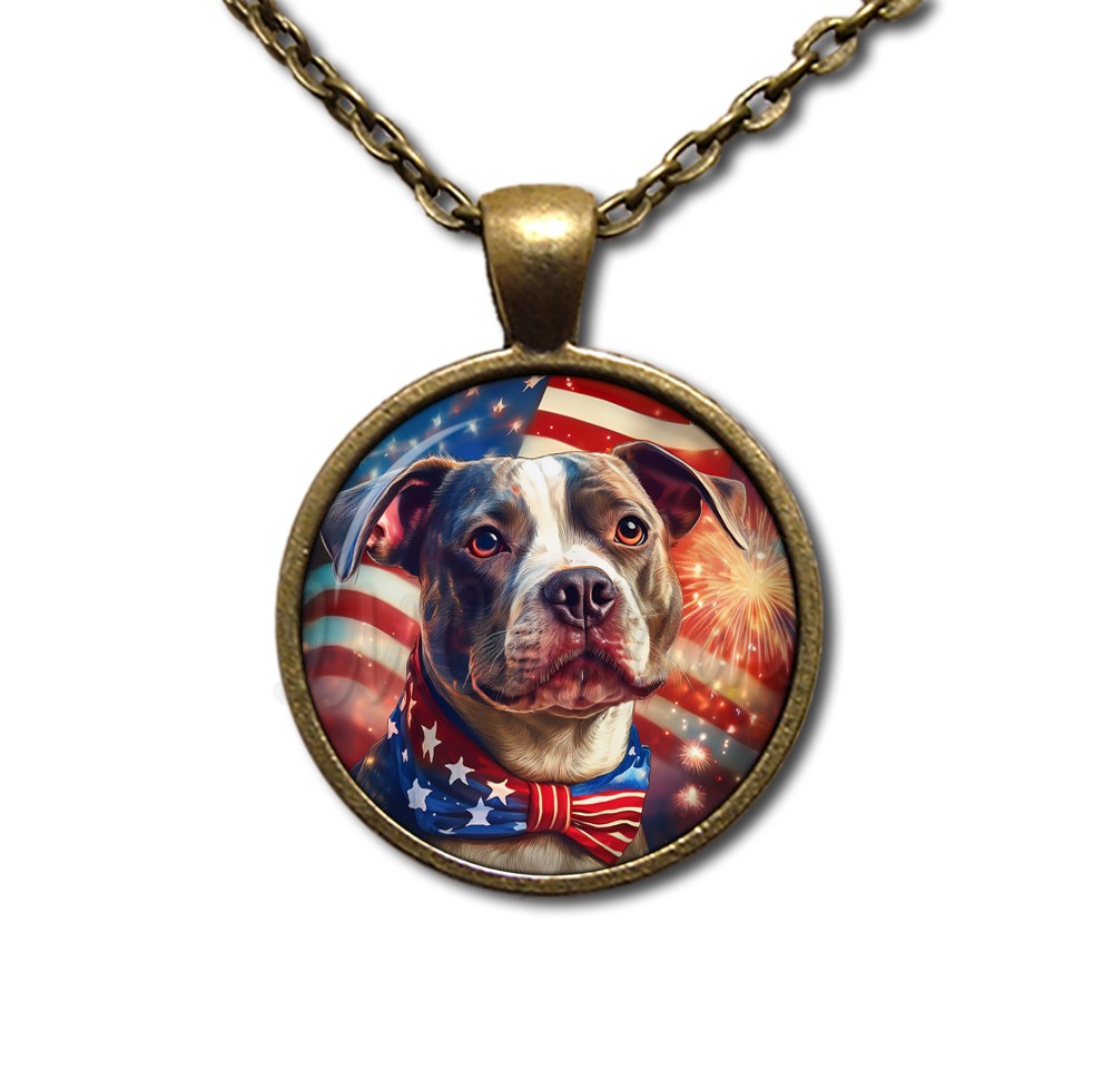 Patriotic Pit Bull Terrier American Flag – Handmade ROUND Glass Pendant Necklace