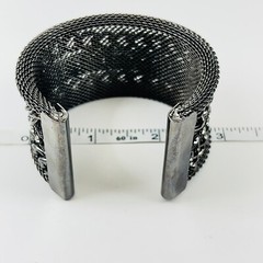 Gunmetal Cuff Bracelet With Rhinestones Metal Mesh Curb Link Chain Punk Preowned