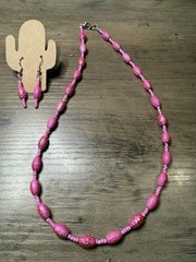 18” Handmade Beaded Statement Necklace Earrings Bright Pink Oval And Seed Beads