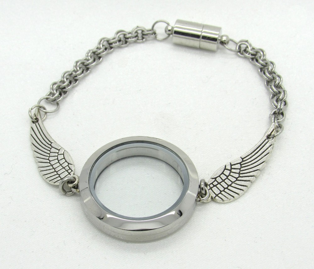 Stainless Steel Silver Floating Memory Locket Angel Wings Bracelet for Charms