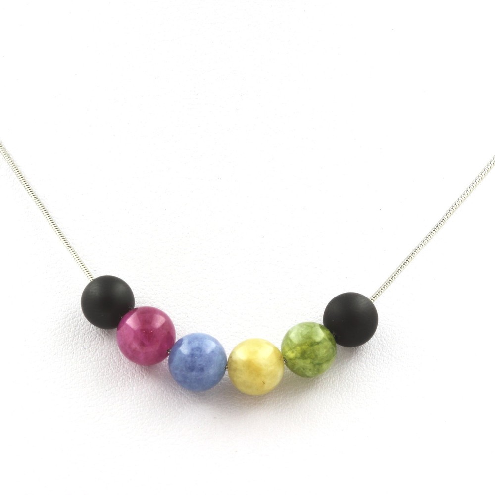 Stones And Minéraux. Necklace Beads Tourmaline Multicolored + Black Onyx Matt