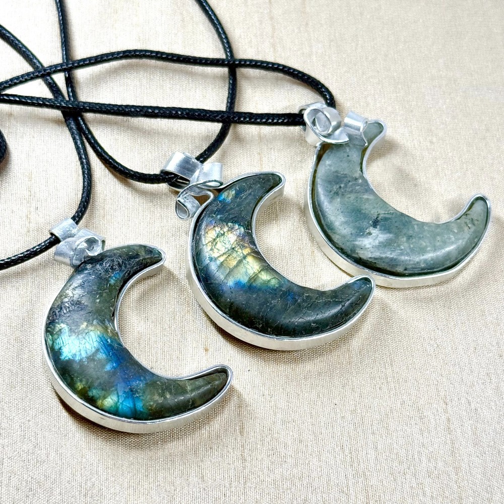 Labradorite Crescent Moon Wire Wrapped Pendant on Black Cord, Handmade – 24″