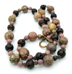 Beaded Earth Tone Jasper Rhodonite Wood Antiqued Copper Strand Necklace 24″