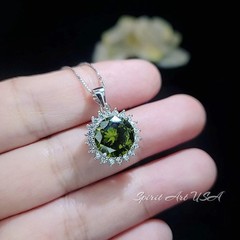 Large Round Peridot Necklace – Sterling Silver Halo 10 mm 4 CT Princess Diana