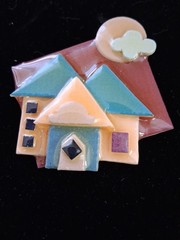 Vintage House Pins by Lucinda 3 Houses & A Cloud, Green, Brown & Peach Colors