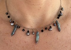 Gray Biwa Stick Pearl Black Crystal Sterling Silver Necklace & Earrings Set