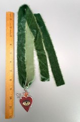Hand Painted Lovers Eye Sacred Heart Pendant with Green Victorian Velvet Ribbon