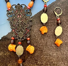 Deco Egyptian Revival Necklace Set, Neiger Style Glass Pharaoh, Orange, Bronze