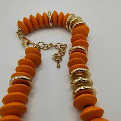 Boho Wood Disc Bead Statement Necklace Set of 2 Orange Turquoise Color Gold Tone