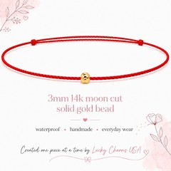2026 Year of the Horse Lucky Red Cord Bracelet 14k Gold Moon Cut Bead Waterproof